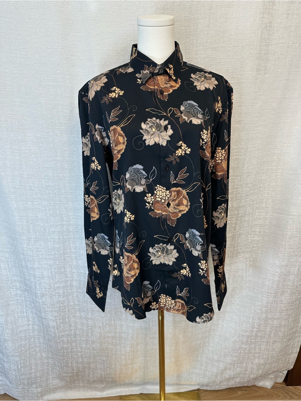 Rare Rabbit Men's Black Floral Button-Down Shirt with Brown & Gray Blooms